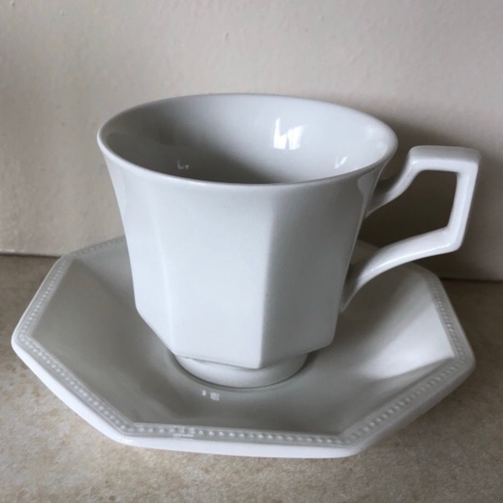 Vintage White Octagon Ceramic Tea Set 10 Pc 5 Cups 5 Saucers Geometric Boho